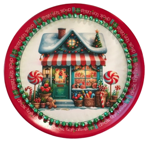 TRAY RED GREEN PLASTIC ROUND Decoupaged Hand Painted Upcycled Repurposed Wall Art CHRISTMAS LOLLIPOP HOUSE Home Decor Christmas Wall Art Shelf Sitter Gift - JAMsCraftCloset