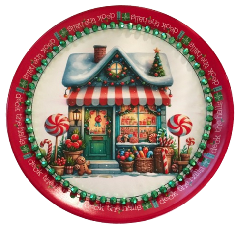 TRAY RED GREEN PLASTIC ROUND Decoupaged Hand Painted Upcycled Repurposed Wall Art CHRISTMAS LOLLIPOP HOUSE Home Decor Christmas Wall Art Shelf Sitter Gift - JAMsCraftCloset