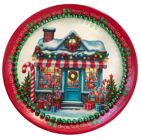 TRAY RED GREEN PLASTIC ROUND Decoupaged Hand Painted Upcycled Repurposed Wall Art CHRISTMAS CANDY CANE HOUSE Home Decor Christmas Wall Art Shelf Sitter Gift - JAMsCraftCloset