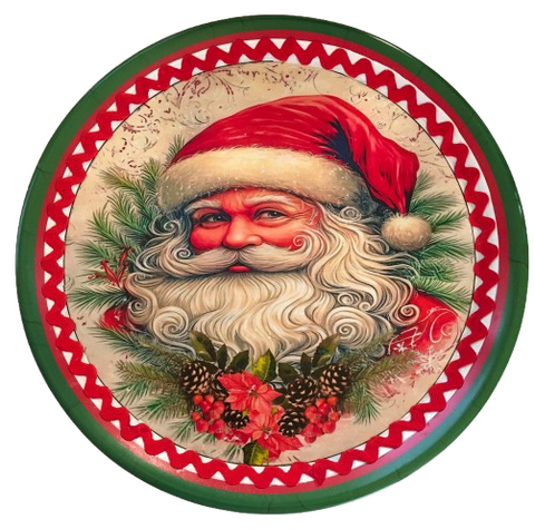 TRAY RED PLASTIC ROUND Decoupaged Hand Painted Upcycled Repurposed Wall Art VINTAGE SANTA FACE Home Decor Christmas Wall Art Shelf Sitter Gift - JAMsCraftCloset