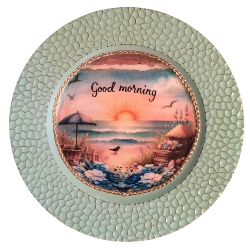 PLATE CHARGER TEAL AQUA PLASTIC ROUND DECOUPAGED Upcycled Repurposed Wall Art or Shelf Sitter GOOD MORNING - BEACH SCENE Home Coffee Bar KITCHEN Bathroom Decor Gift WEDDING - JAMsCraftCloset