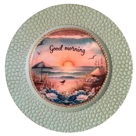 PLATE CHARGER TEAL AQUA PLASTIC ROUND DECOUPAGED Upcycled Repurposed Wall Art or Shelf Sitter GOOD MORNING - BEACH SCENE Home Coffee Bar KITCHEN Bathroom Decor Gift WEDDING - JAMsCraftCloset