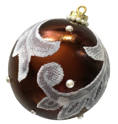 Large Decoupaged With White Lace and Pearls Rusty Brown Christmas Bulbs Holiday Decor Tree Decor Bowl Filler Shelf Sitter Gift Idea - JAMsCraftCloset