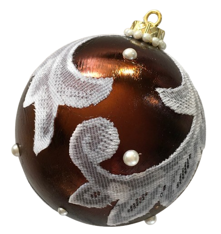 Large Decoupaged With White Lace and Pearls Rusty Brown Christmas Bulbs Holiday Decor Tree Decor Bowl Filler Shelf Sitter Gift Idea - JAMsCraftCloset