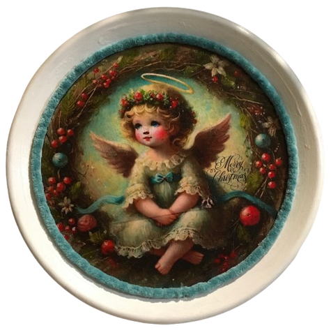 TRAY WHITE PLASTIC ROUND Decoupaged Hand Painted Upcycled Repurposed Wall Art VINTAGE ANGEL Home Decor Christmas Wall Art Shelf Sitter Gift