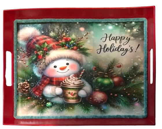 TRAY RED METAL Rectangle Decoupaged Hand Painted Upcycled Repurposed Wall Art HAPPY HOLIDAYS - Snowman Christmas Decoration Home Decor Shelf Sitter Gift - JAMsCraftCloset