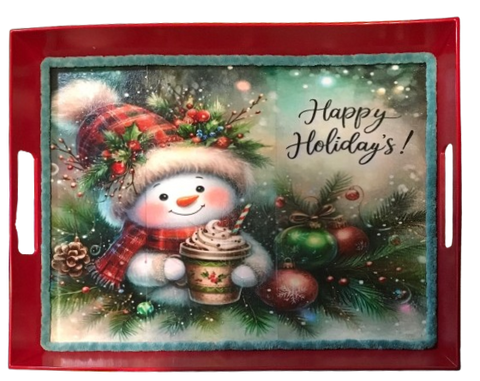 TRAY RED METAL Rectangle Decoupaged Hand Painted Upcycled Repurposed Wall Art HAPPY HOLIDAYS - Snowman Christmas Decoration Home Decor Shelf Sitter Gift - JAMsCraftCloset
