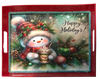 TRAY RED METAL Rectangle Decoupaged Hand Painted Upcycled Repurposed Wall Art HAPPY HOLIDAYS - Snowman Christmas Decoration Home Decor Shelf Sitter Gift - JAMsCraftCloset