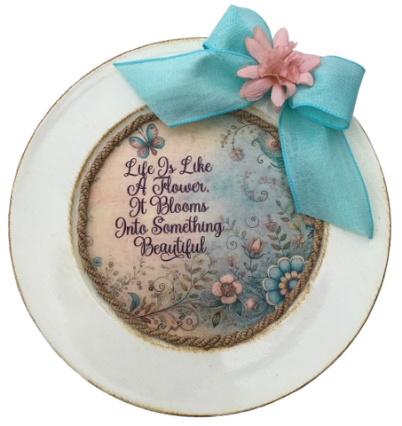 PLATE CHARGER CREAM With Brown Border PLASTIC ROUND DECOUPAGED Upcycled Repurposed Wall Art or Shelf Sitter LIFE IS LIKE A FLOWER Home Decor Gift WEDDING - JAMsCraftCloset