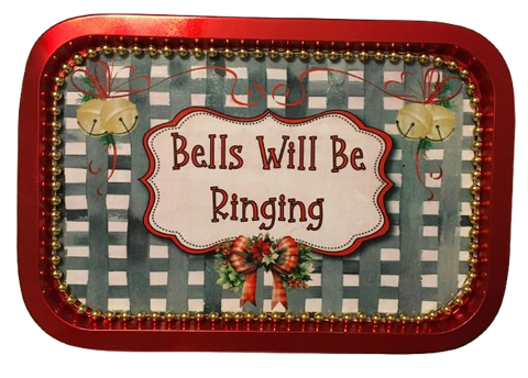 Metal Tray RED - BELLS WILL BE RINGING - HOLIDAY Wall Art Handmade Decoupaged Upcycled Metal Tray Gift - JAMsCraftCloset