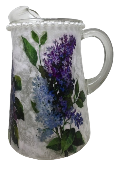 Glass PITCHER Decoupaged LILACS Wedding Decor Shelf Sitter Basket Shabby Chic Victorian BoHo Home Decor Gift Idea - JAMsCraftCloset