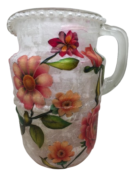 Glass PITCHER Decoupaged VIBRANT FLORAL Wedding Decor Shelf Sitter Basket Shabby Chic Victorian BoHo Home Decor Gift Idea - JAMsCraftCloset