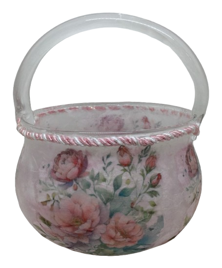 Glass BASKET Decoupaged PINK ROSES Wedding Decor Shelf Sitter Basket Shabby Chic Victorian BoHo Home Decor Gift Idea - JAMsCraftCloset