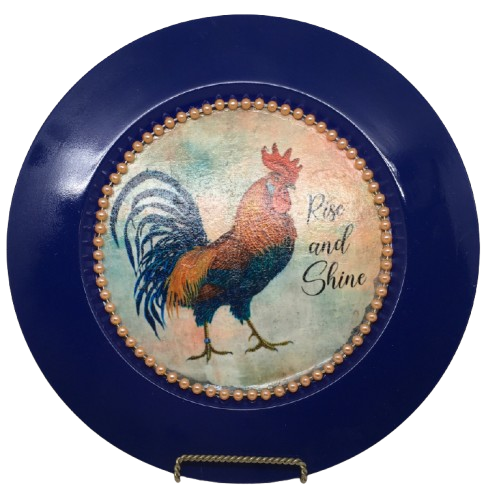 PLATE CHARGER NAVY BLUE PLASTIC ROUND DECOUPAGED Upcycled Repurposed Wall Art or Shelf Sitter RISE AND SHINE ROOSTER Decor Kitchen Decor Home Decor Wall Art Gift WEDDING - JAMsCraftCloset