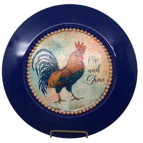 PLATE CHARGER NAVY BLUE PLASTIC ROUND DECOUPAGED Upcycled Repurposed Wall Art or Shelf Sitter RISE AND SHINE ROOSTER Decor Kitchen Decor Home Decor Wall Art Gift WEDDING - JAMsCraftCloset