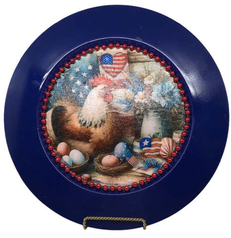 PLATE CHARGER NAVY BLUE PLASTIC ROUND DECOUPAGED Upcycled Repurposed Wall Art or Shelf Sitter HEN WITH EGGS 4TH OF JULY Decor Kitchen Decor Home Decor Wall Art Gift WEDDING - JAMsCraftCloset