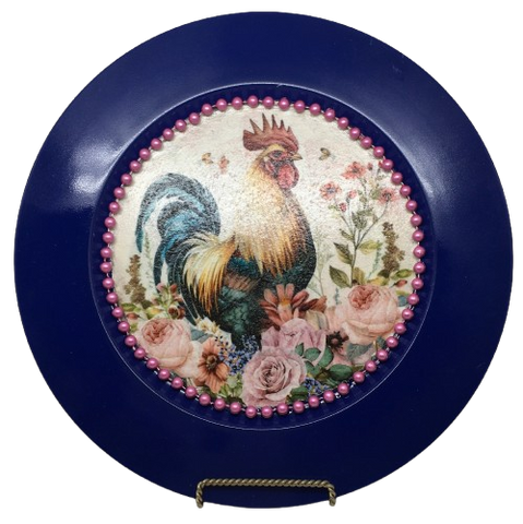 PLATE CHARGER NAVY BLUE PLASTIC ROUND DECOUPAGED Upcycled Repurposed Wall Art or Shelf Sitter HEN PINK ROSES Kitchen Decor Home Decor Wall Art Gift WEDDING - JAMsCraftCloset