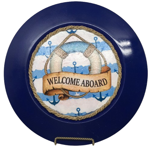 PLATE CHARGER NAVY BLUE PLASTIC ROUND DECOUPAGED Upcycled Repurposed Wall Art or Shelf Sitter WELCOME ABOARD Boat Decor Kitchen Decor Home Decor Wall Art Gift WEDDING - JAMsCraftCloset