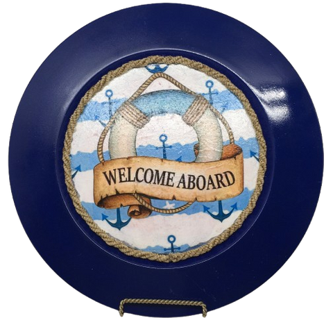 PLATE CHARGER NAVY BLUE PLASTIC ROUND DECOUPAGED Upcycled Repurposed Wall Art or Shelf Sitter WELCOME ABOARD Boat Decor Kitchen Decor Home Decor Wall Art Gift WEDDING - JAMsCraftCloset