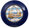 PLATE CHARGER NAVY BLUE PLASTIC ROUND DECOUPAGED Upcycled Repurposed Wall Art or Shelf Sitter WELCOME ABOARD Boat Decor Kitchen Decor Home Decor Wall Art Gift WEDDING - JAMsCraftCloset
