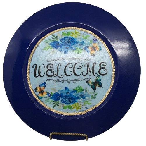 PLATE CHARGER NAVY BLUE PLASTIC ROUND DECOUPAGED Upcycled Repurposed Wall Art or Shelf Sitter WELCOME Decor Kitchen Decor Home Decor Wall Art Gift WEDDING - JAMsCraftCloset