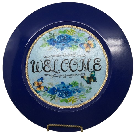 PLATE CHARGER NAVY BLUE PLASTIC ROUND DECOUPAGED Upcycled Repurposed Wall Art or Shelf Sitter WELCOME Decor Kitchen Decor Home Decor Wall Art Gift WEDDING - JAMsCraftCloset