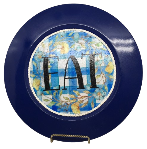 PLATE CHARGER NAVY BLUE PLASTIC ROUND DECOUPAGED Upcycled Repurposed Wall Art or Shelf Sitter EAT Kitchen Decor Home Decor Wall Art Gift WEDDING - JAMsCraftCloset