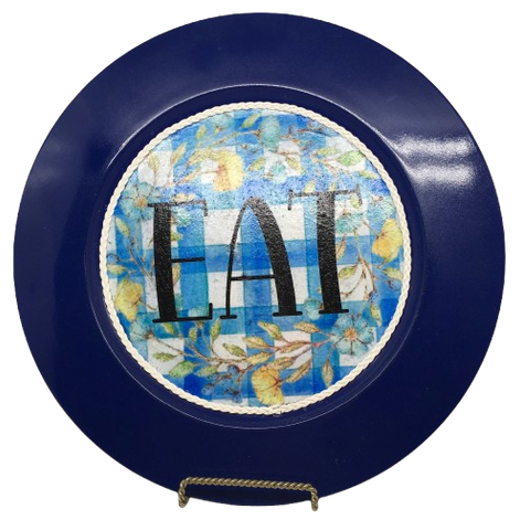 PLATE CHARGER NAVY BLUE PLASTIC ROUND DECOUPAGED Upcycled Repurposed Wall Art or Shelf Sitter EAT Kitchen Decor Home Decor Wall Art Gift WEDDING - JAMsCraftCloset
