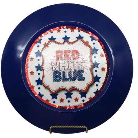 PLATE CHARGER NAVY BLUE PLASTIC ROUND DECOUPAGED Upcycled Repurposed Wall Art or Shelf Sitter RED WHITE BLUE 4TH OF JULY Decor Kitchen Decor Home Decor Wall Art Gift WEDDING - JAMsCraftCloset