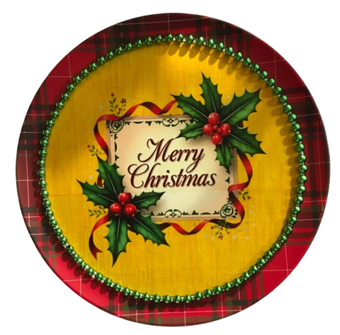 TRAY RED PLAID PLASTIC ROUND Decoupaged Hand Painted Upcycled Repurposed MERRY CHRISTMAS YELLOW BACKGROUND Home Decor Christmas Wall Art Shelf Sitter Gift - JAMsCraftCloset