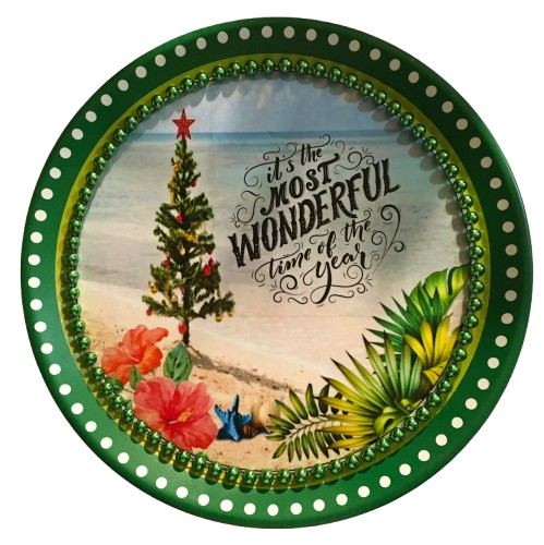 TRAY GREEN PLASTIC ROUND Decoupaged Hand Painted Upcycled Repurposed BEACH SCENE - MOST WONDERFUL TIME OF THE YEAR Home Decor Christmas Wall Art Shelf Sitter Gift - JAMsCraftCloset