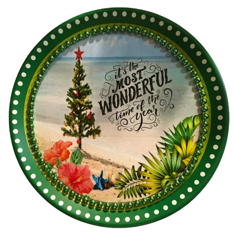 TRAY GREEN PLASTIC ROUND Decoupaged Hand Painted Upcycled Repurposed BEACH SCENE - MOST WONDERFUL TIME OF THE YEAR Home Decor Christmas Wall Art Shelf Sitter Gift - JAMsCraftCloset