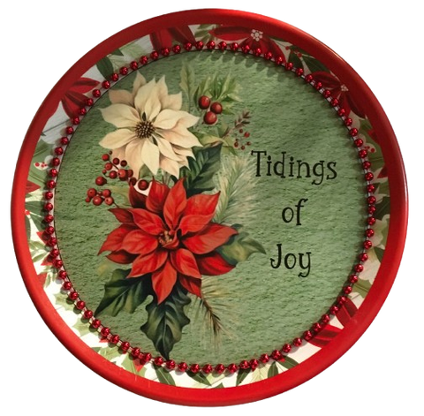 TRAY RED RED GREEN PLASTIC ROUND Decoupaged Hand Painted Upcycled Repurposed POINSETTIAS - TIDINGS OF JOY Home Decor Christmas Wall Art Shelf Sitter Gift - JAMsCraftCloset