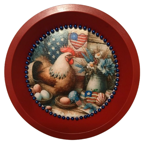 Pie Pan Metal Vintage Red FOURTH OF JULY CHICKEN AND EGGS 4th of July Decor Farmhouse Lake House Country Wall Art Handmade Decoupaged Hand Painted Repurposed Upcycled Gift Idea