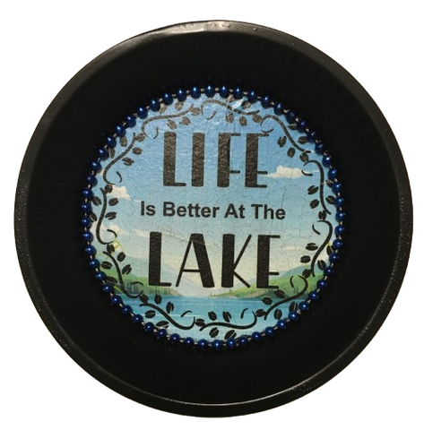 Pie Pan Metal Enamel Vintage Black LIFE IS BETTER AT THE LAKE Farmhouse Lake House Country Wall Art Handmade Decoupaged Hand Painted Repurposed Upcycled Gift Idea - JAMsCraftCloset