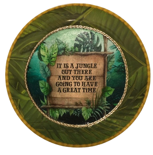 PLATE CHARGER JUNGLE DESIGN PLASTIC ROUND DECOUPAGED Upcycled Repurposed Wall Art or Shelf Sitter IT'S A JUNGLE OUT THERE Decor Kitchen Decor Home Decor Wall Art Gift WEDDING - JAMsCraftCloset