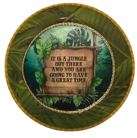 PLATE CHARGER JUNGLE DESIGN PLASTIC ROUND DECOUPAGED Upcycled Repurposed Wall Art or Shelf Sitter IT'S A JUNGLE OUT THERE Decor Kitchen Decor Home Decor Wall Art Gift WEDDING - JAMsCraftCloset