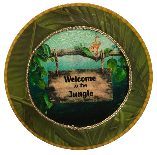 PLATE CHARGER JUNGLE DESIGN PLASTIC ROUND DECOUPAGED Upcycled Repurposed Wall Art or Shelf Sitter WELCOME TO THE JUNGLE Decor Kitchen Decor Home Decor Wall Art Gift WEDDING - JAMsCraftCloset