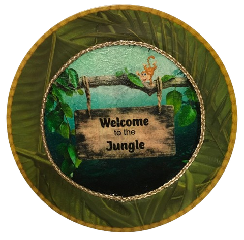 PLATE CHARGER JUNGLE DESIGN PLASTIC ROUND DECOUPAGED Upcycled Repurposed Wall Art or Shelf Sitter WELCOME TO THE JUNGLE Decor Kitchen Decor Home Decor Wall Art Gift WEDDING - JAMsCraftCloset