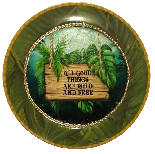 PLATE CHARGER JUNGLE DESIGN PLASTIC ROUND DECOUPAGED Upcycled Repurposed Wall Art or Shelf Sitter ALL GOOD THINGS ARE WILD AND FREE Decor Kitchen Decor Home Decor Wall Art Gift WEDDING - JAMsCraftCloset