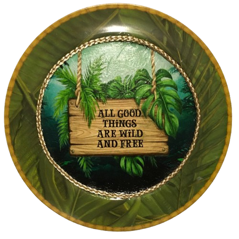 PLATE CHARGER JUNGLE DESIGN PLASTIC ROUND DECOUPAGED Upcycled Repurposed Wall Art or Shelf Sitter ALL GOOD THINGS ARE WILD AND FREE Decor Kitchen Decor Home Decor Wall Art Gift WEDDING - JAMsCraftCloset