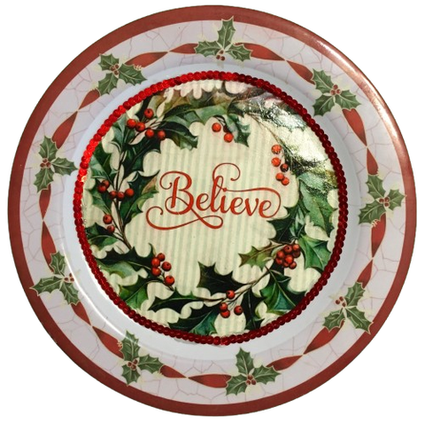PLATE PLASTIC ROUND Christmas Colors DECOUPAGED Upcycled Repurposed Wall Art or Shelf Sitter BELIEVE Holly and Berries Christmas Holiday Home Decor Gift - JAMsCraftCloset