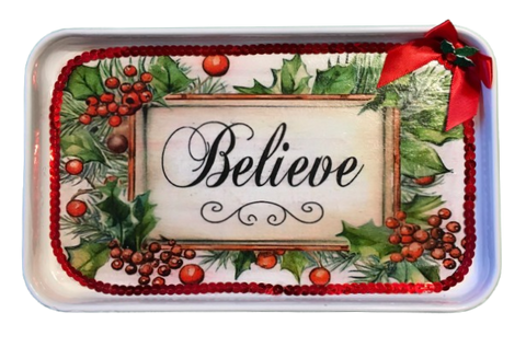Metal Tray WHITE - CHRISTMAS - BELIEVE -Holly and Berries - HOLIDAY Wall Art Shelf Sitter Handmade Decoupaged Upcycled Metal Tray Gift- JAMsCraftCloset