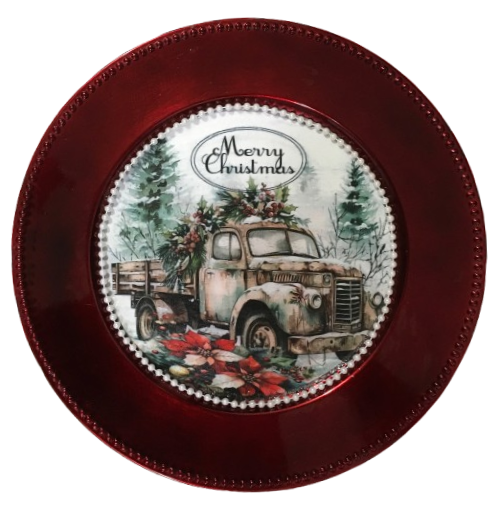 Ruby Red CHARGER PLATE Christmas Holiday Wall Art OLD TRUCK MERRY CHRISTMAS Country Farmhouse Home Holiday Decor Handmade Decoupaged Gift Idea Crafters Delight - JAMsCraftCloset