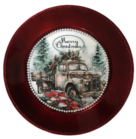 Ruby Red CHARGER PLATE Christmas Holiday Wall Art OLD TRUCK MERRY CHRISTMAS Country Farmhouse Home Holiday Decor Handmade Decoupaged Gift Idea Crafters Delight - JAMsCraftCloset