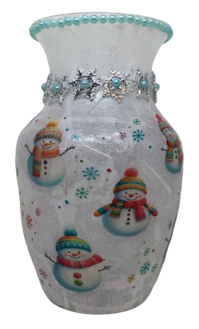 Glass VASE Decoupaged COLORFUL SNOWMEN and SILVER SNOWFLAKES Christmas Holiday Decor Wedding Decor Shelf Sitter Vase Shabby Chic Victorian BoHo Decor Gift Idea - JAMsCraftCloset