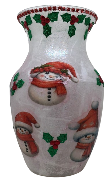 Glass VASE Decoupaged SNOWMEN and HOLLY Christmas Holiday Decor Wedding Decor Shelf Sitter Vase Shabby Chic Victorian BoHo Decor Gift Idea - JAMsCraftCloset