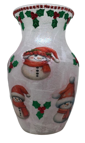 Glass VASE Decoupaged SNOWMEN and HOLLY Christmas Holiday Decor Wedding Decor Shelf Sitter Vase Shabby Chic Victorian BoHo Decor Gift Idea - JAMsCraftCloset