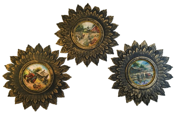 Round GOLD and BLACK  STARBURST Plastic Frame COUNTRY SCENES Farmhouse Country Wall Art Handmade Hand Painted Repurposed Upcycled Gift Idea SET OF 2