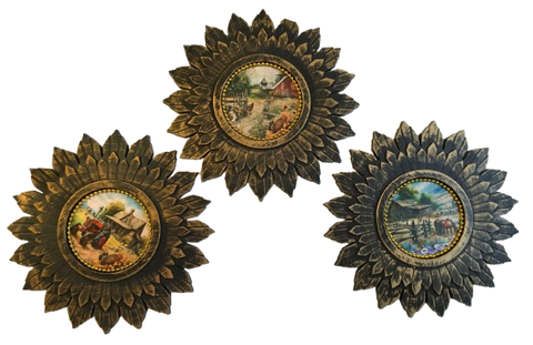 Round GOLD and BLACK  STARBURST Plastic Frame COUNTRY SCENES Farmhouse Country Wall Art Handmade Hand Painted Repurposed Upcycled Gift Idea SET OF 2